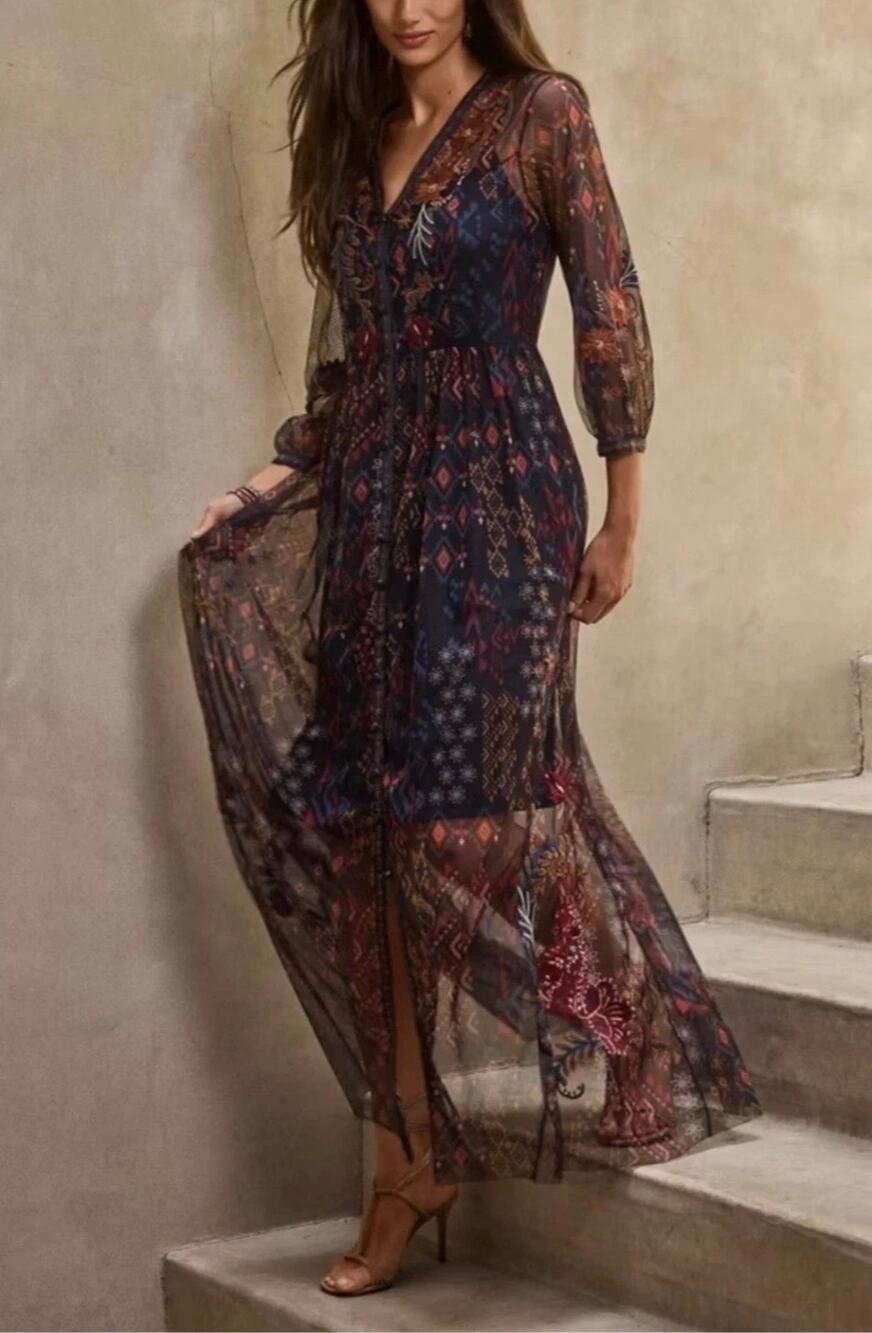 Johnny Was Theia Mesh Monika Floral Embroidery Button Front Midi Dress Size L